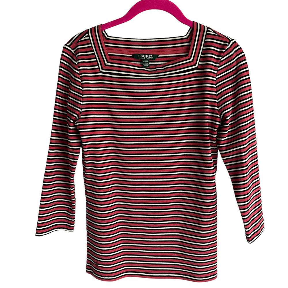 RALPH LAUREN Pink, Black and White Striped Square Neck Ladies Top, PM